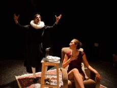 Acteur op het podium, spelen toneel, maken een theaterstuk